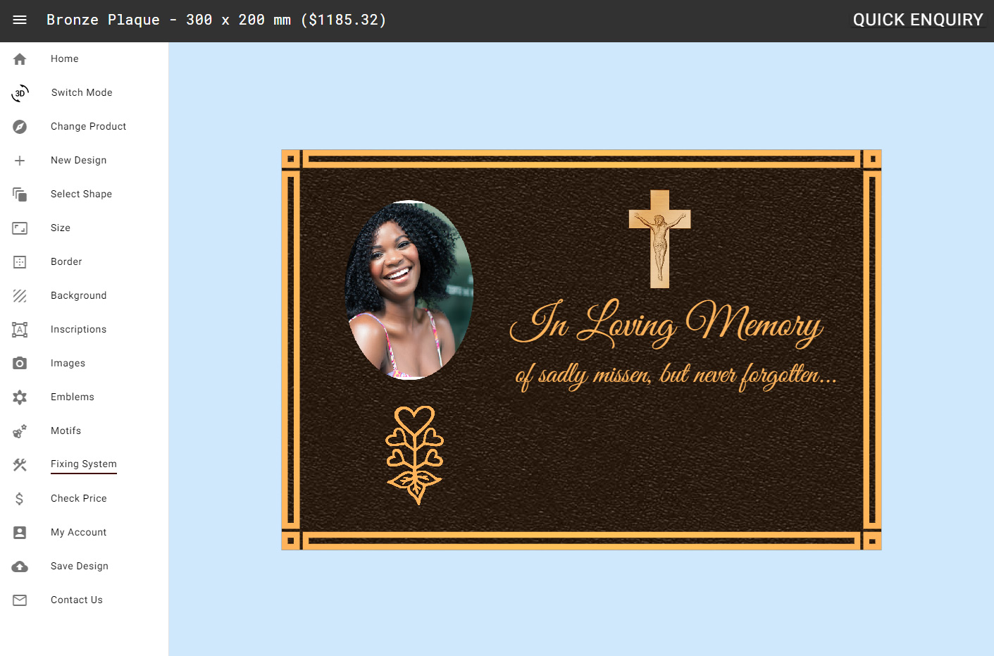 Online bronze plaque designer showing the size, border and inscription menus