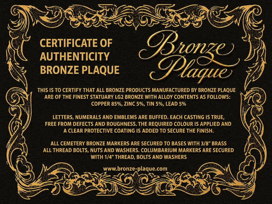 Certificate of authenticity for Bronze Plaque LG2 bronze products with alloy composition and quality assurance details