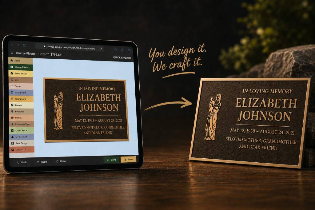 Bronze memorial plaque mounted on natural stone in a garden, you design it and we craft it