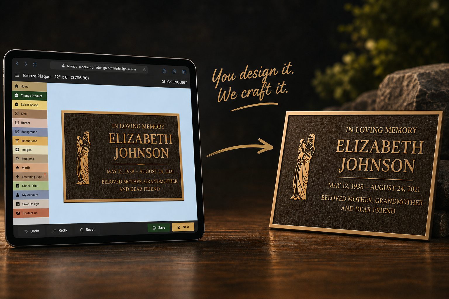 You design your bronze plaque online and our team casts it in solid bronze