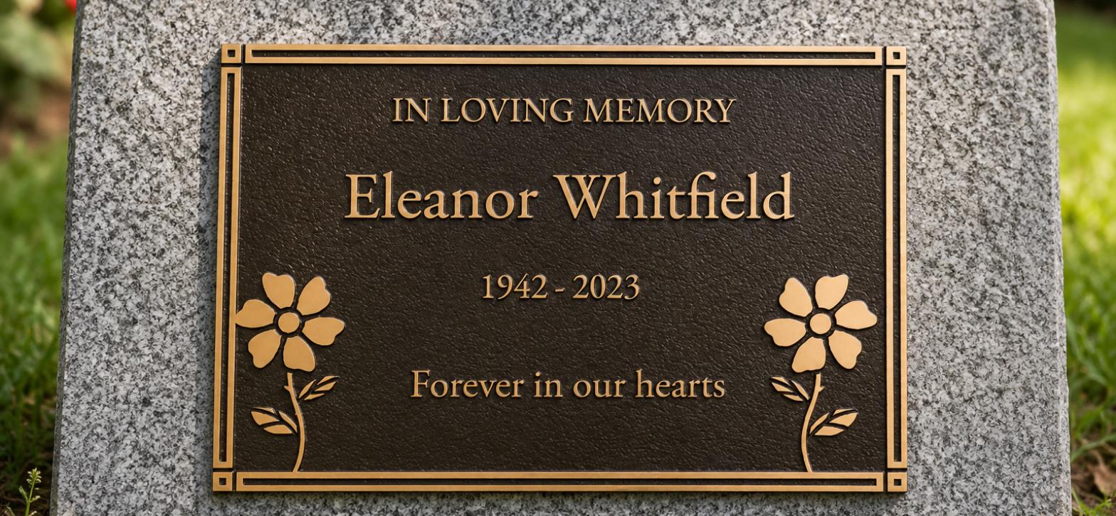 Cast bronze grave marker with raised lettering and flower motifs mounted on a grey granite base in a cemetery garden