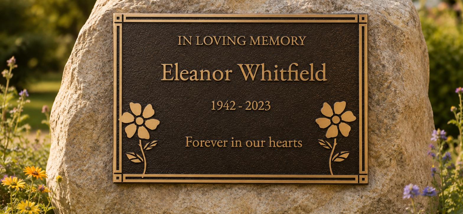 Cast bronze memorial plaque with raised lettering and flower motifs mounted on a sandstone boulder in a memorial garden