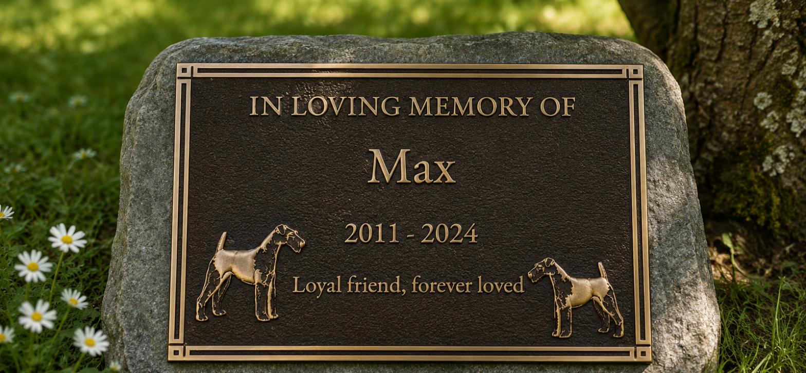 Cast bronze pet memorial plaque with raised lettering and two terrier motifs mounted on a garden stone under a tree
