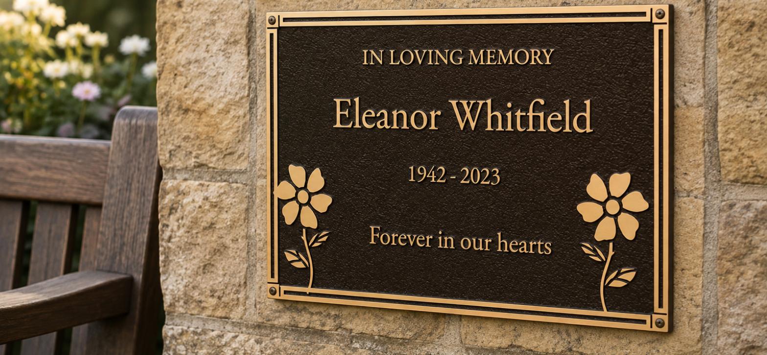Custom cast bronze plaque with raised lettering and flower motifs mounted on a sandstone wall beside a memorial bench