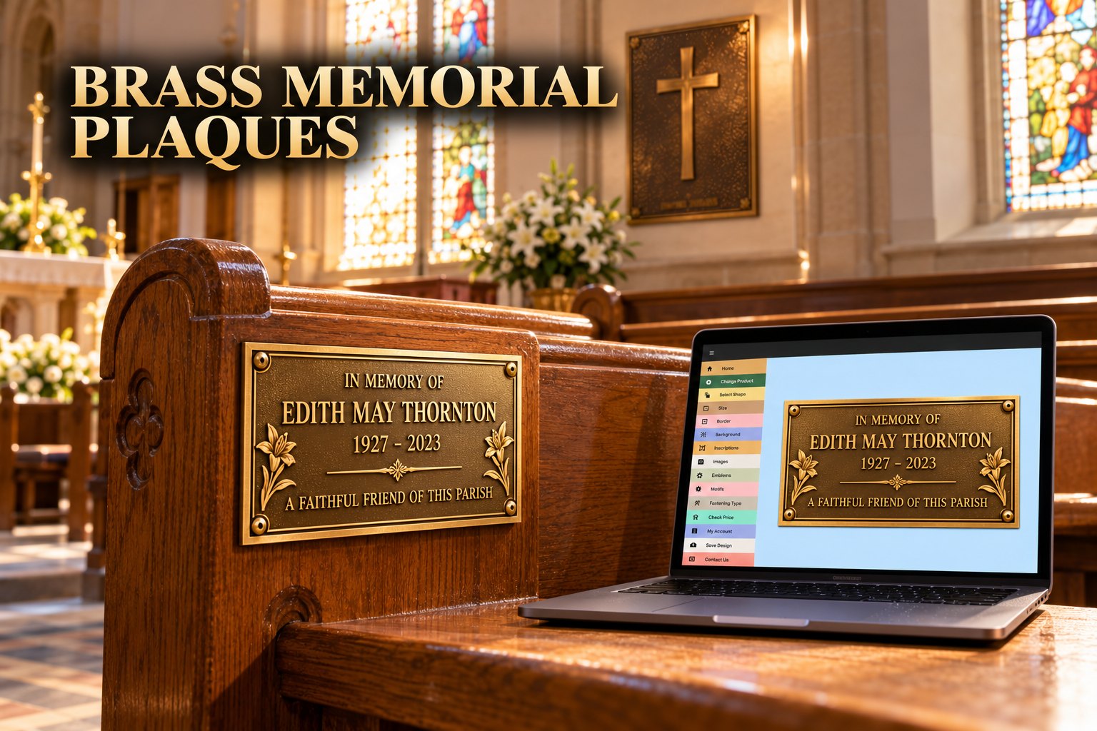 Cast plaque in a golden brass finish on a church pew beside a laptop showing the plaque designer, New Brunswick