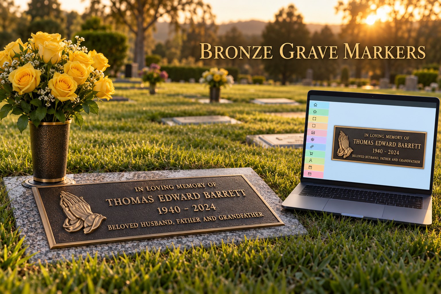 Bronze grave marker: flat cast bronze marker on a granite base with praying hands and a vase of yellow roses, with the online plaque designer