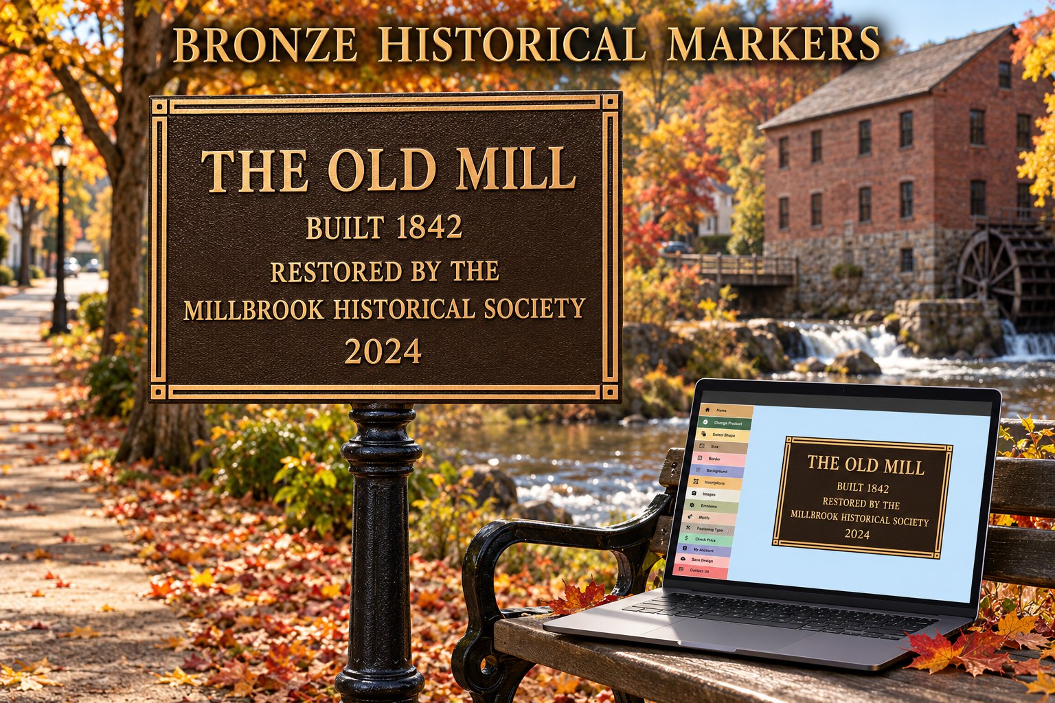 Cast bronze marker on an iron post beside an old mill, with the plaque designer open on a laptop, for a Nova Scotia memorial