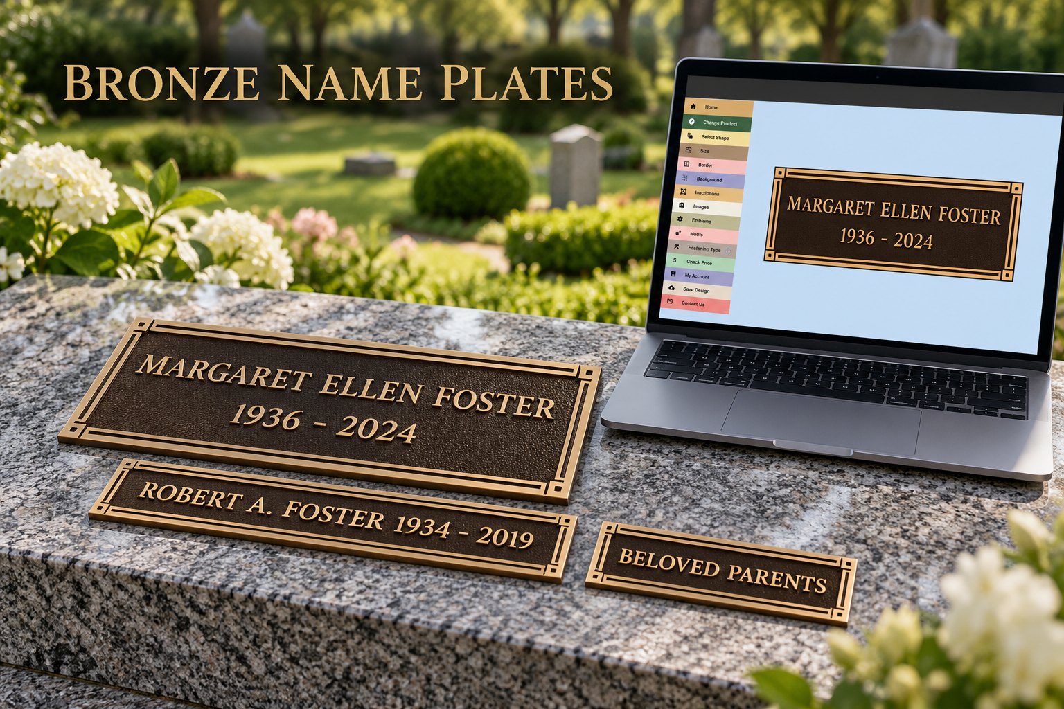 Cast bronze name plates with raised lettering on a granite base beside the online plaque designer