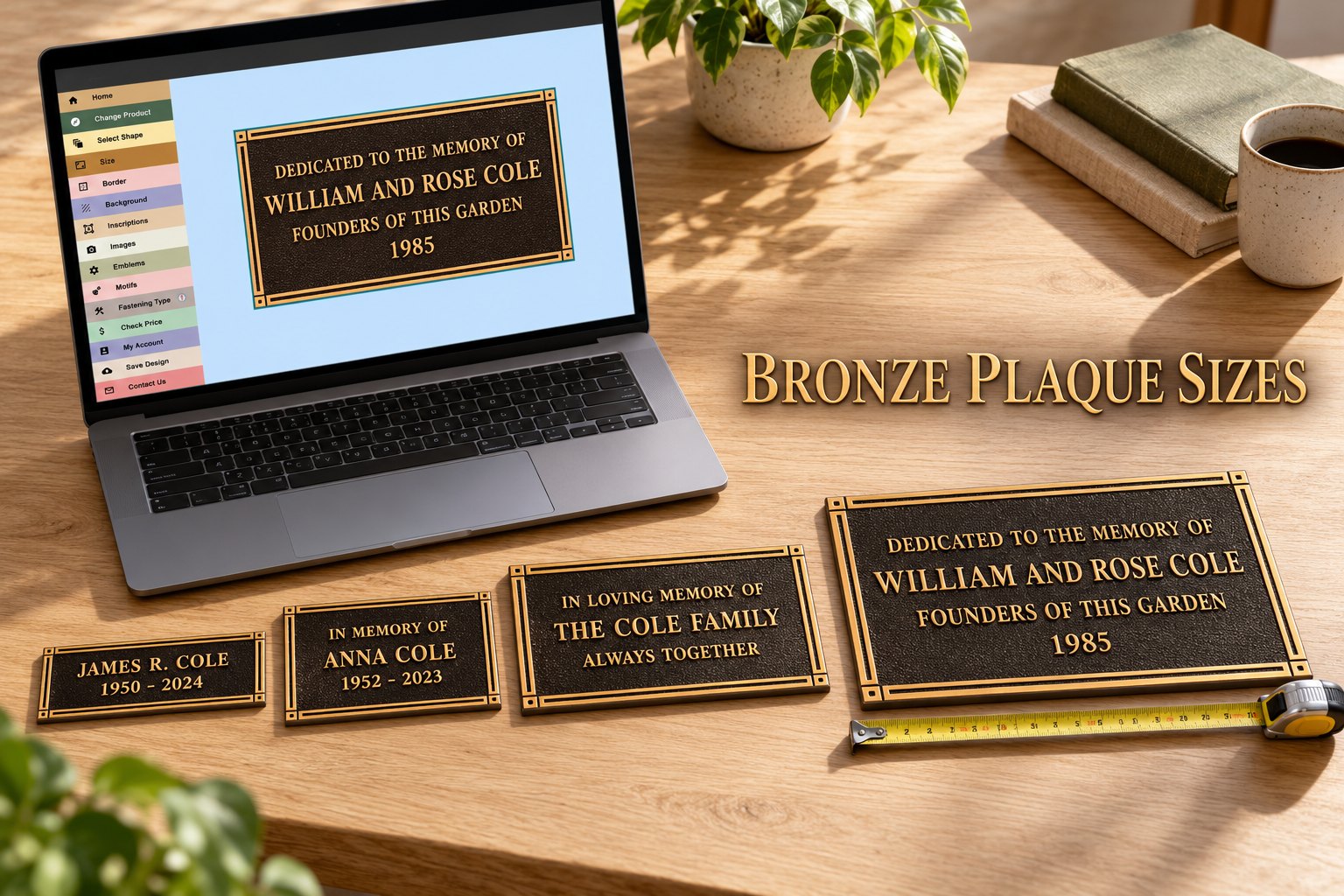 Four cast bronze plaques from a slim name plate to a large tablet, showing the size range Mississauga cemeteries price by the square inch