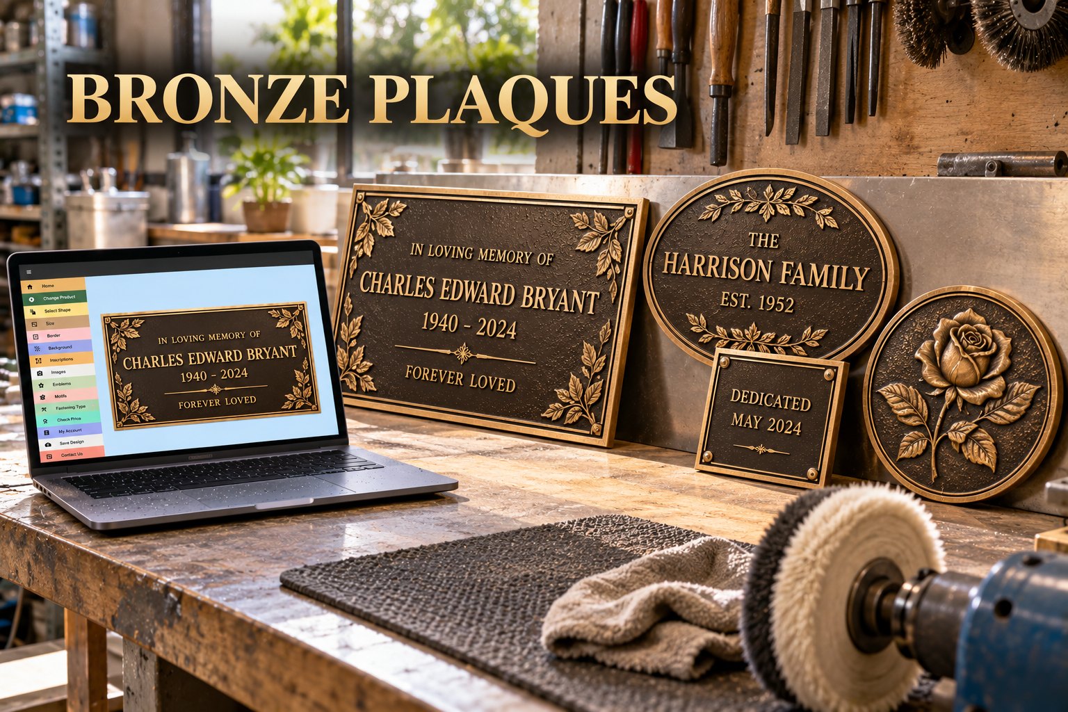 Bronze plaques: newly cast rectangular, oval, square and round bronze plaques on a workshop bench