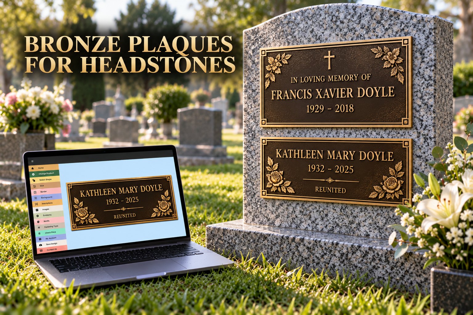 Cast bronze plaque and name plate fixed to a granite headstone, the tablet on granite form Hamilton's by-law describes