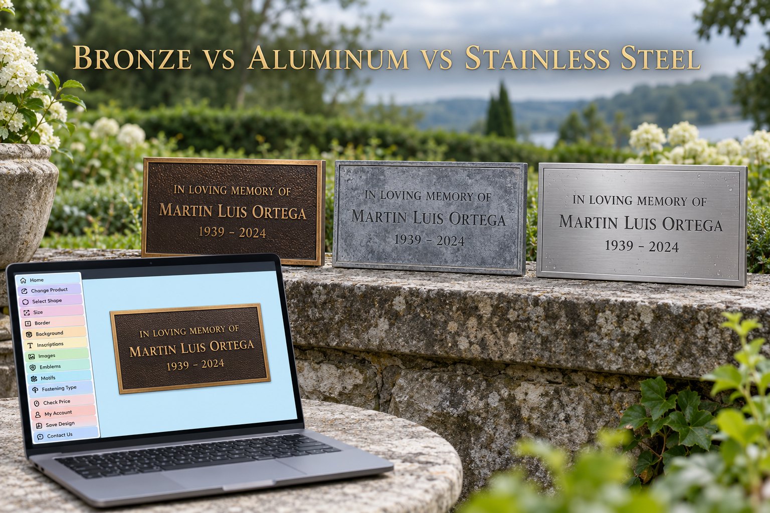 Bronze vs aluminum vs stainless steel memorial plaques side by side