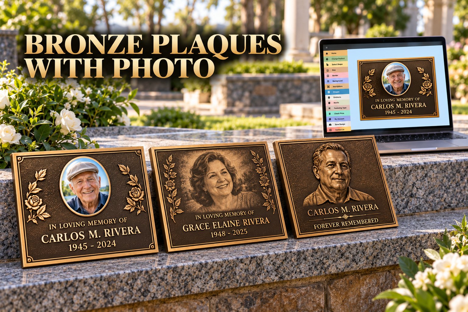 Ceramic photo and relief portrait cast bronze plaques beside the online designer, two of the memorial styles ordered for Winnipeg