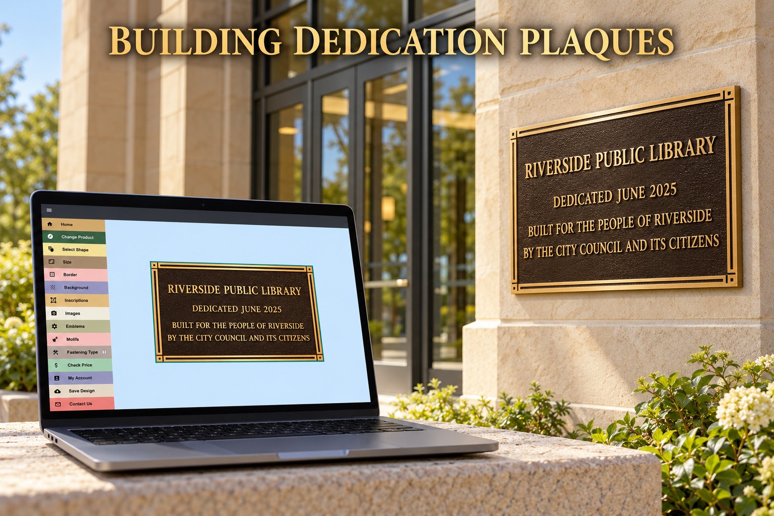 Cast bronze dedication plaque beside a library entrance with the online designer on a laptop, the raised letter style used across Manitoba