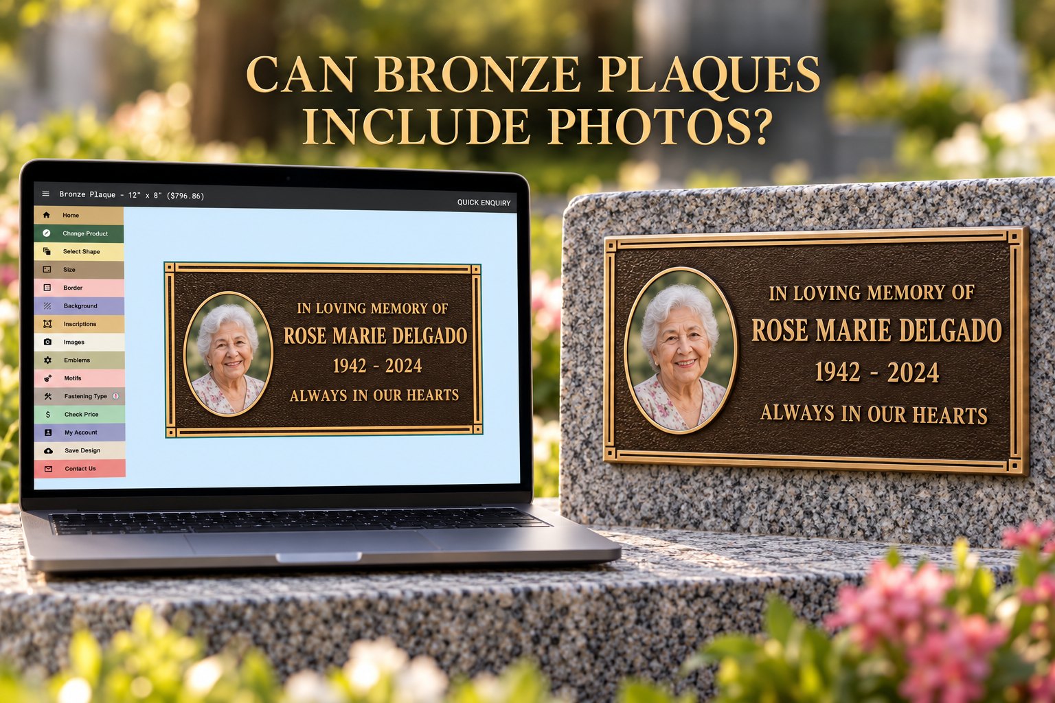 Bronze memorial plaque with a ceramic photo on a granite headstone and the online designer