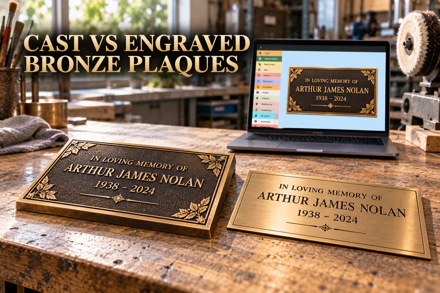 A thick cast bronze plaque beside a thin engraved plate and the online designer, showing the casting depth Calgary cemetery markers call for