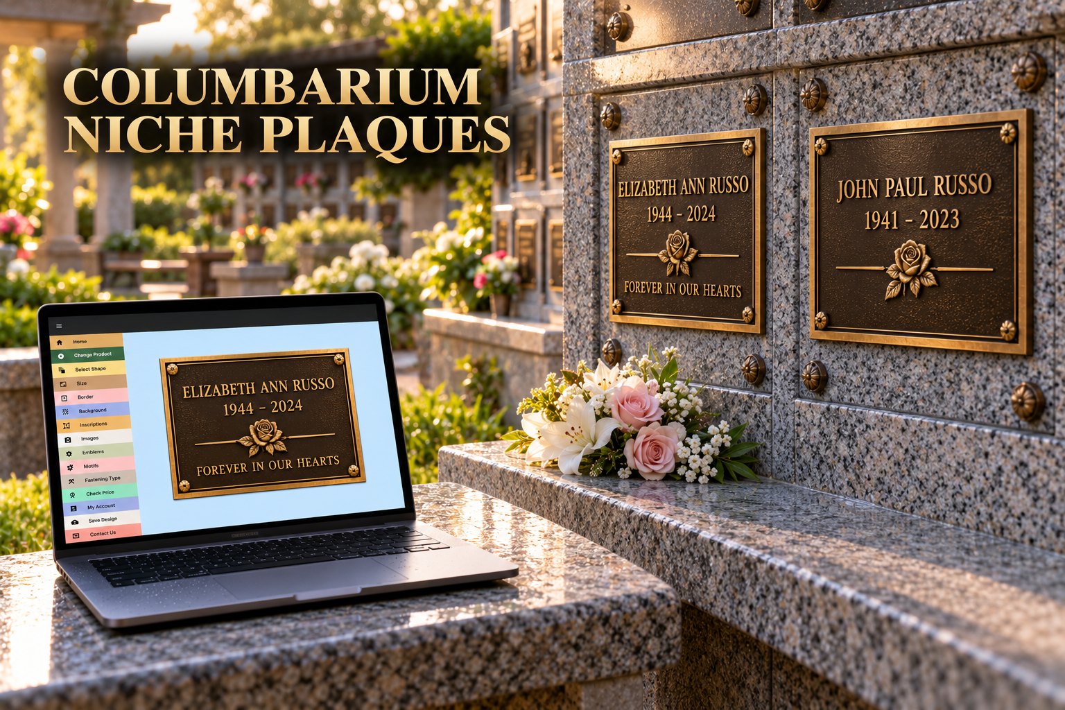 Small cast bronze plaques on granite niche fronts with the online designer open on a laptop, Montreal columbarium style