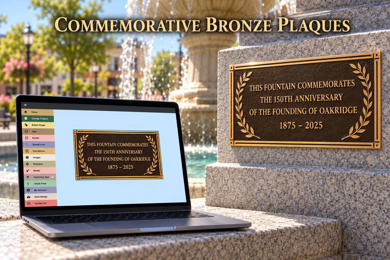 Cast bronze plaque with a laurel border beside the online designer, in the raised letter style approved for Edmonton cemetery markers