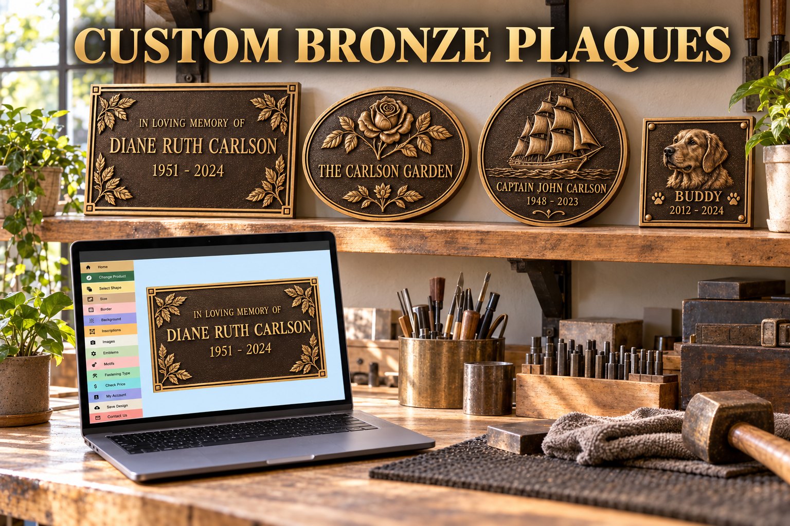 Custom bronze plaques: rectangular, oval, round and square cast bronze plaques on a studio shelf, with the online plaque designer