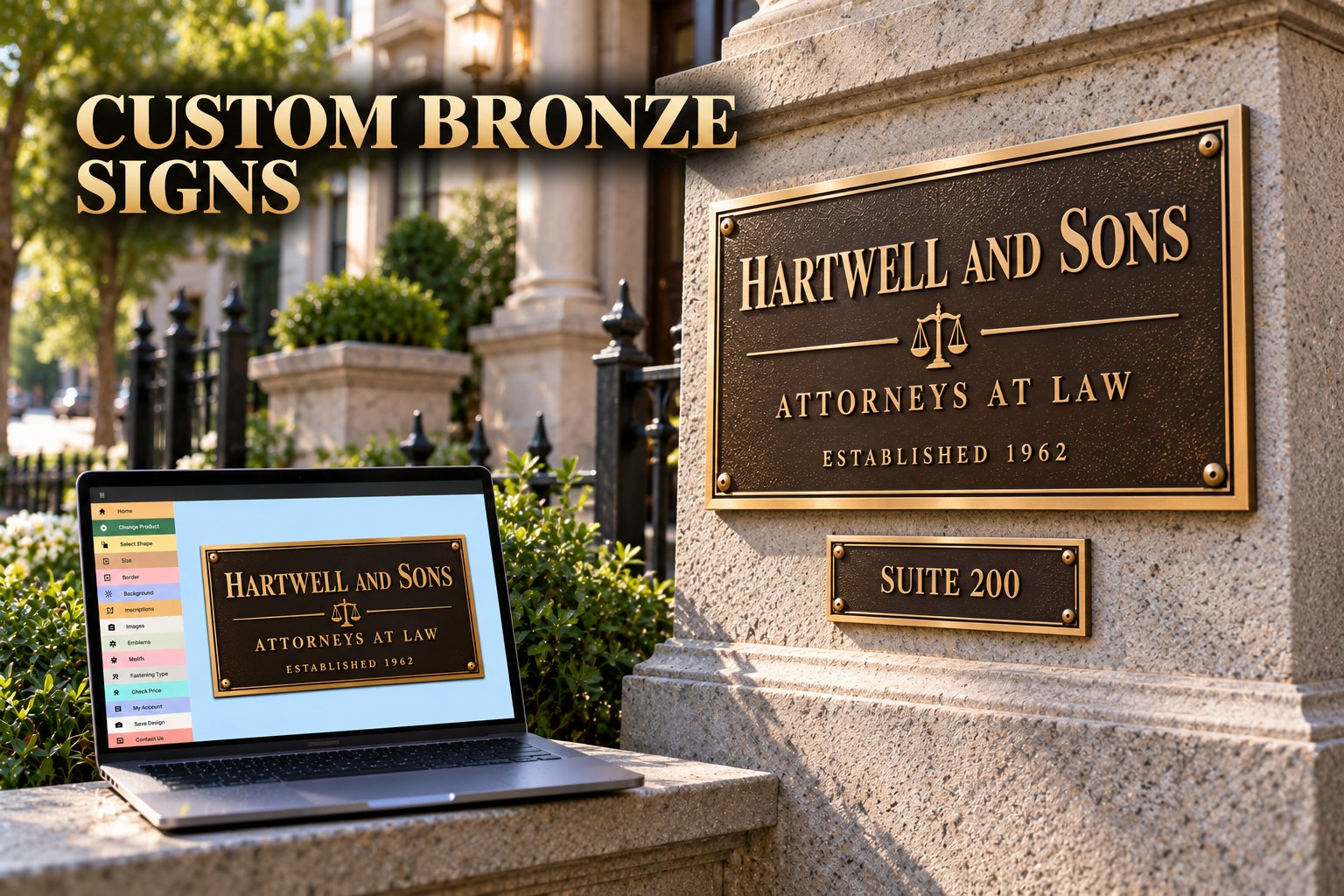 Cast bronze sign on a stone entrance with the online plaque designer on a laptop, Newfoundland and Labrador