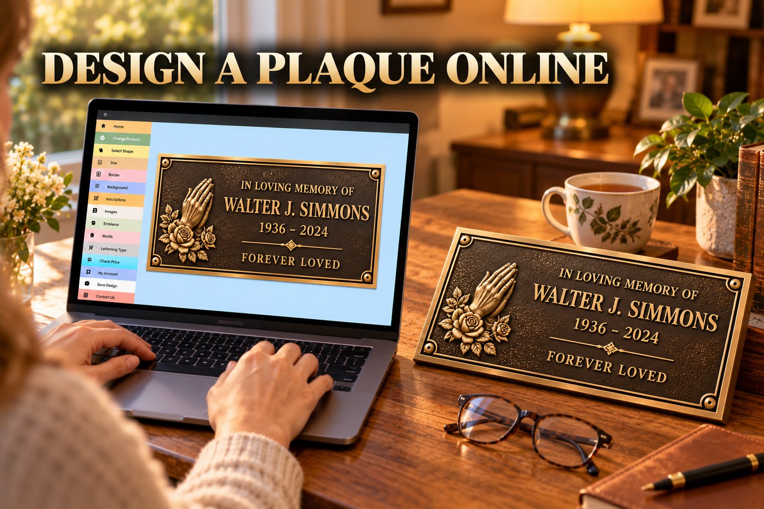 Hands at a laptop running the plaque designer beside a finished cast bronze plaque, ready for a Northern Canada cemetery