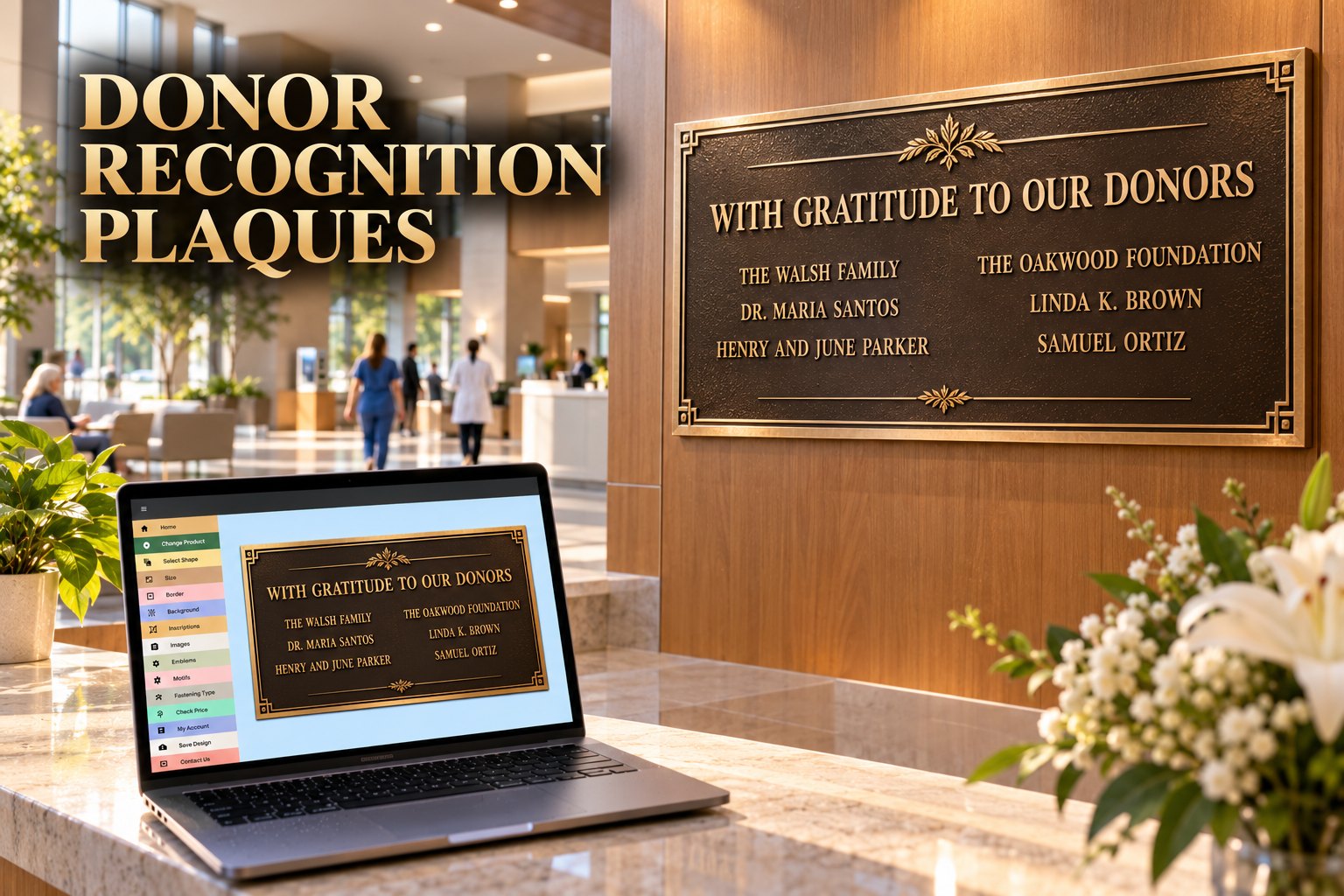 Cast bronze donor wall plaque in a hospital lobby with the online plaque designer on a laptop, Halifax