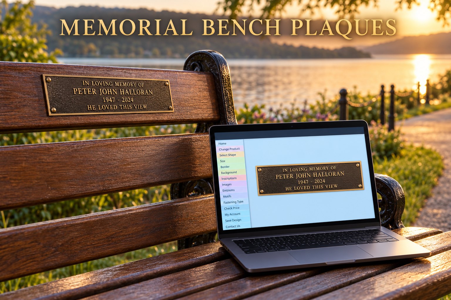 Slim cast bronze plaque on a park bench rail by a lake with the online designer on a laptop, Vancouver