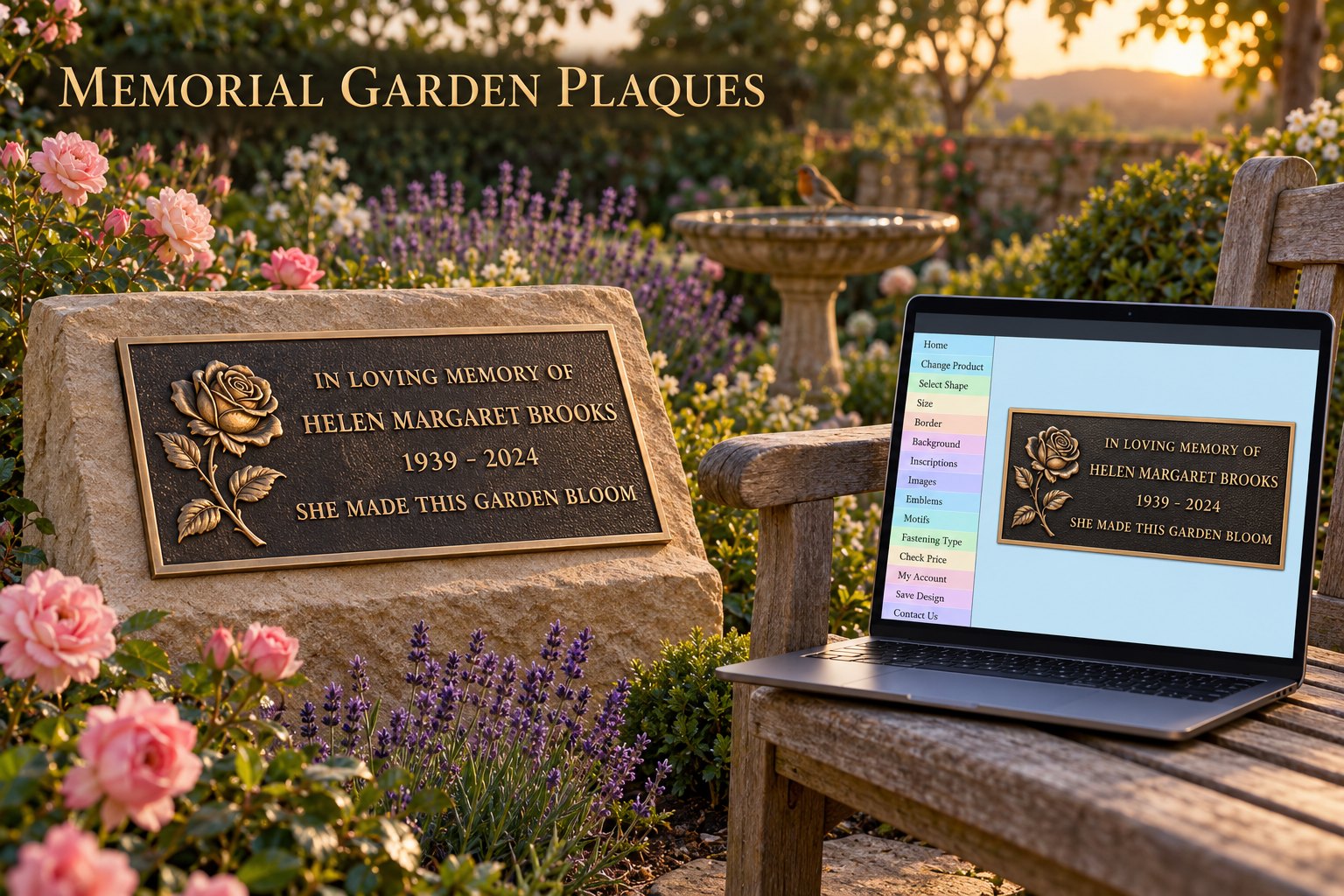 Cast bronze plaque with a rose motif on a sandstone plinth beside the online designer, for a Quebec memorial garden