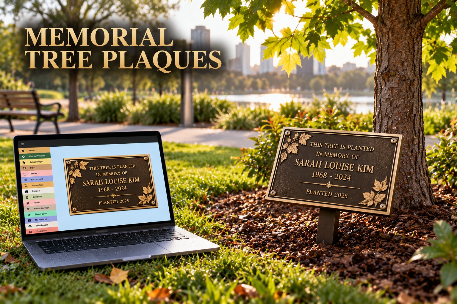 Cast bronze plaque on a stake beside a young maple with the online designer on a laptop, Victoria BC