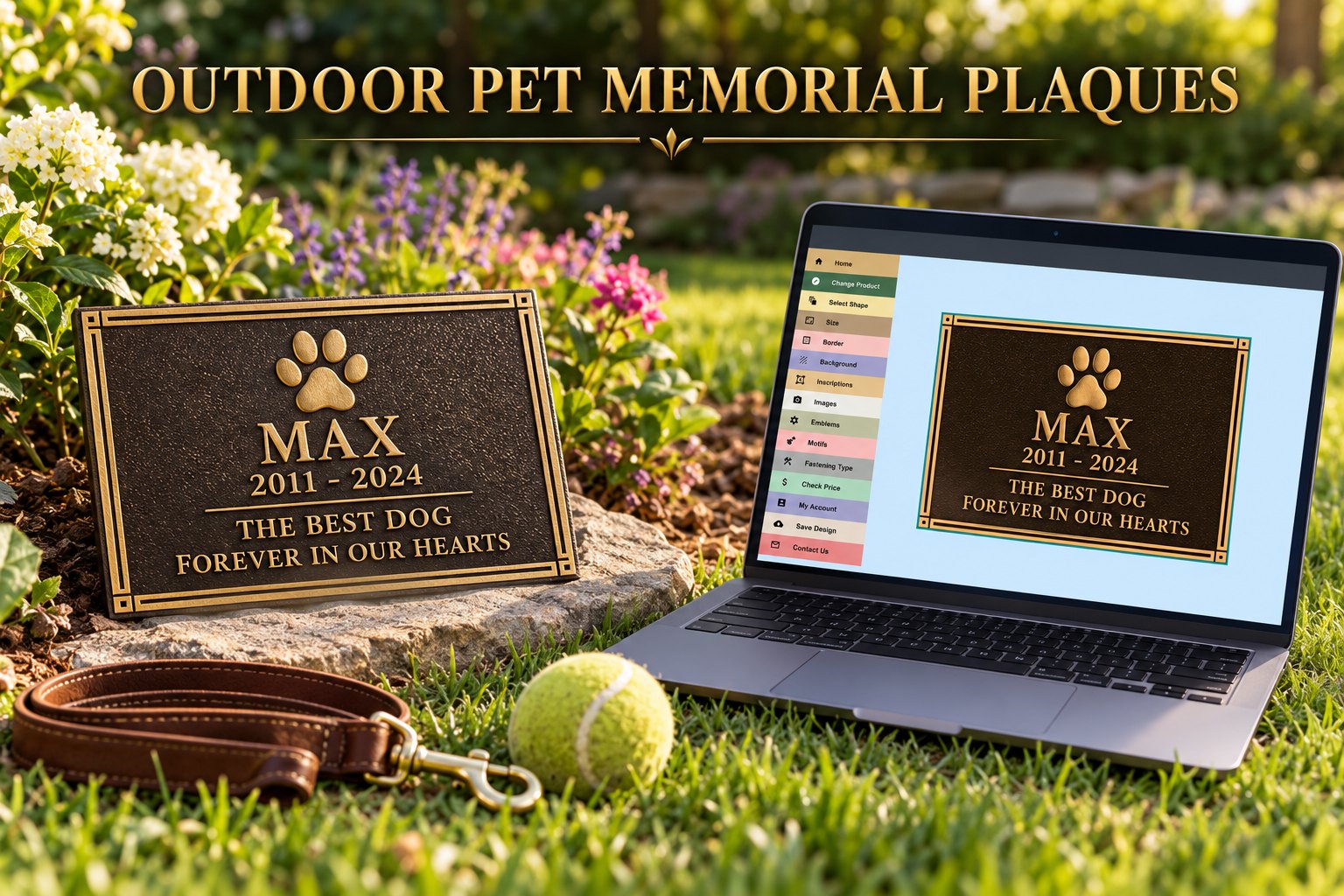 Outdoor pet memorial plaque: cast bronze plaque with a paw print on a garden stone beside a leash and tennis ball, with the online plaque designer