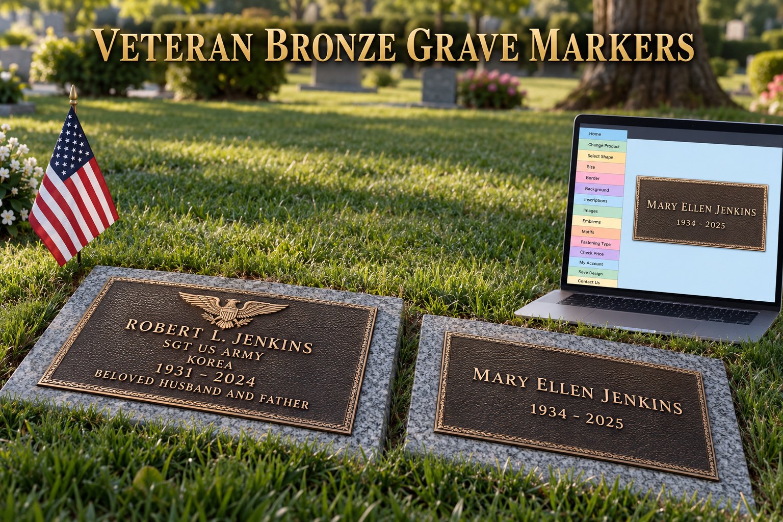 Flat cast bronze grave markers with an emblem beside a flag, the flush style set at Ottawa cemeteries